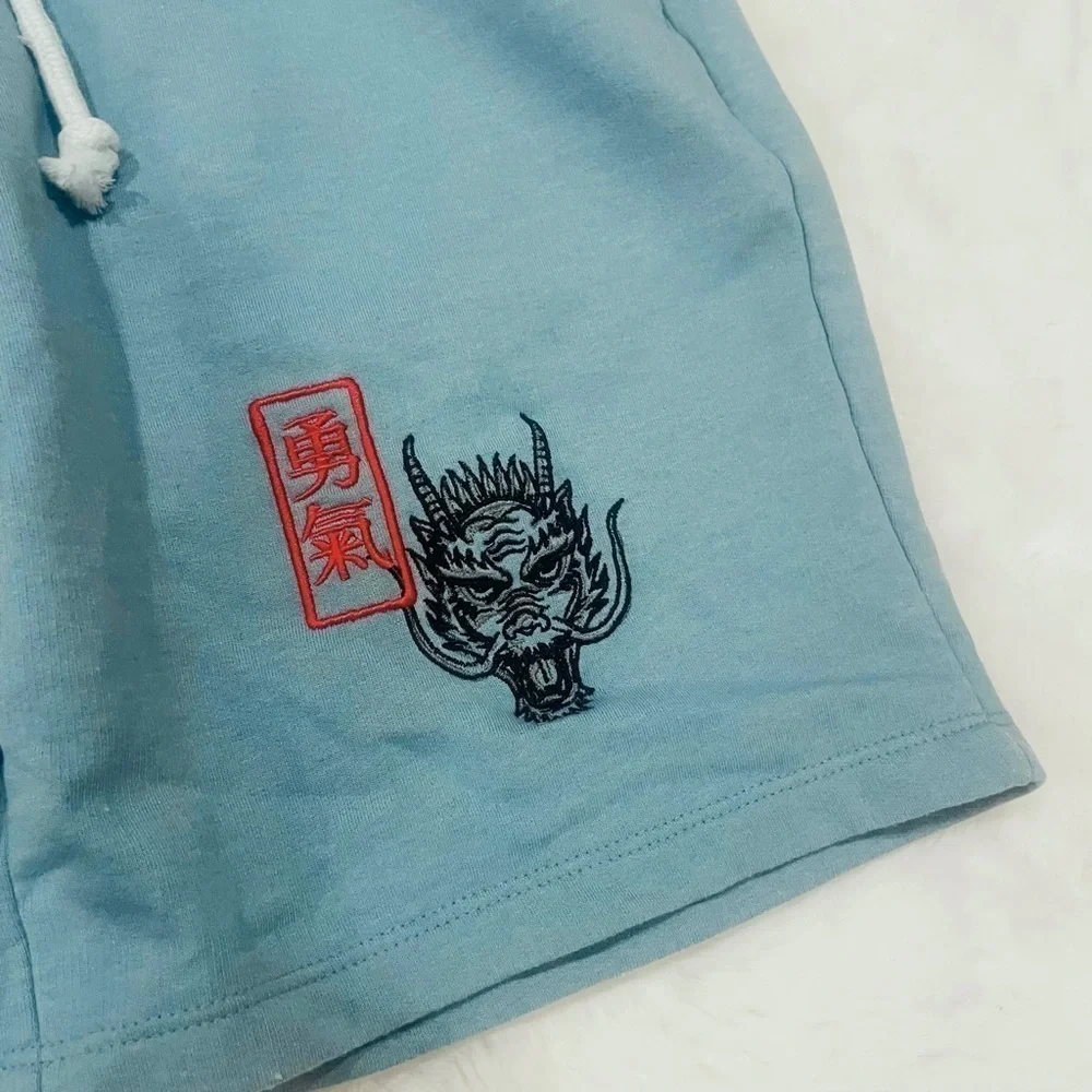 Blind Rooster Men’s Blue Dragon Embroidered Casual Sweat Shorts Size S New